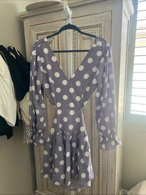 Polka Dot V-Neck Long Sleeve Dress - Lavender/White